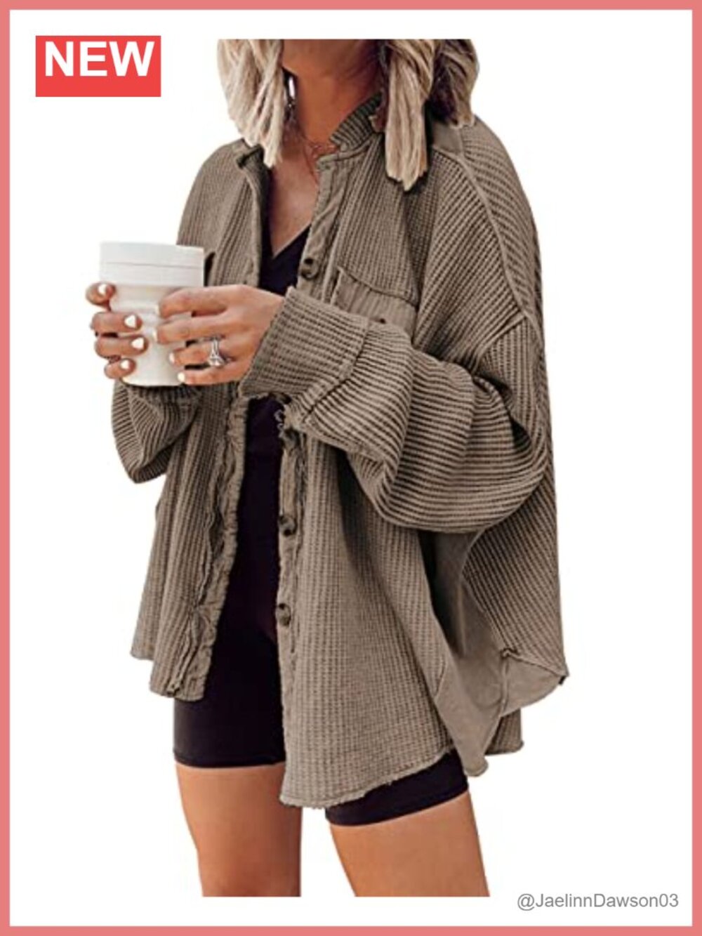 Waffle Knit Button Down Shacket Batwing Sleeve Oversized Tops